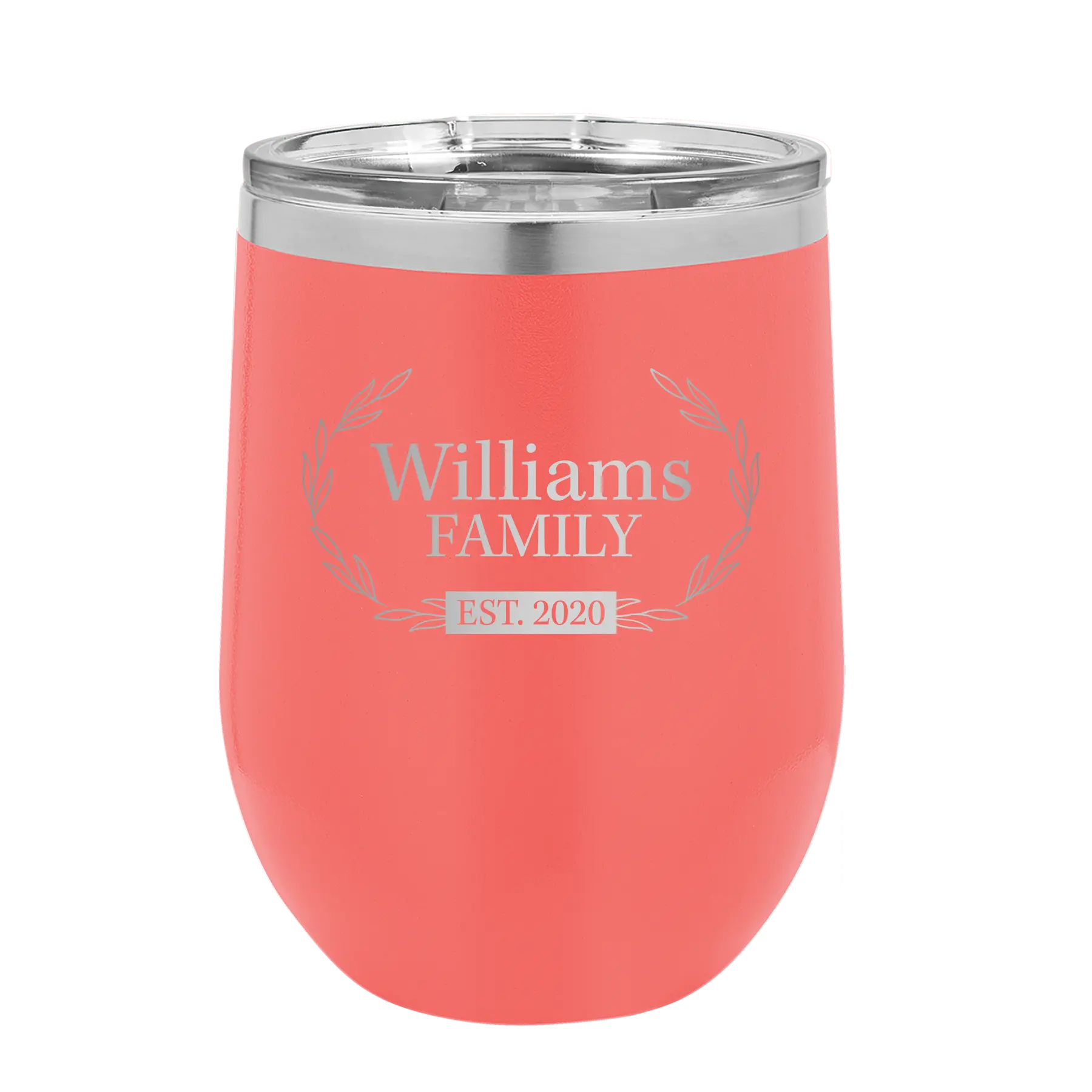 Personalized coral 12 oz vacuum insulated wine cup with 'Family est' design