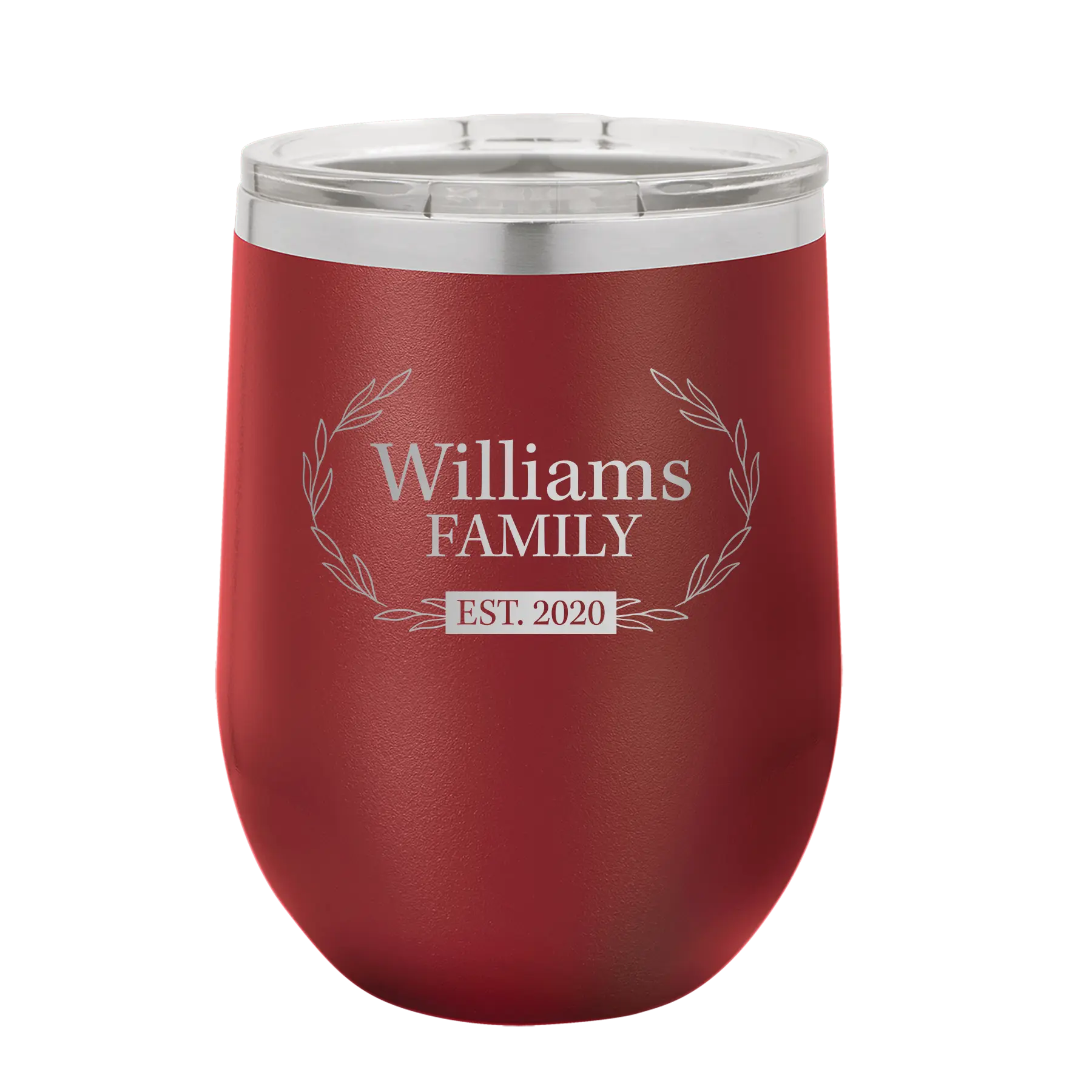 Personalized maroon 12 oz vacuum insulated wine cup with 'Family est' design