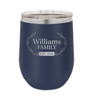 Personalized navy 12 oz vacuum insulated wine cup with 'Family est' design