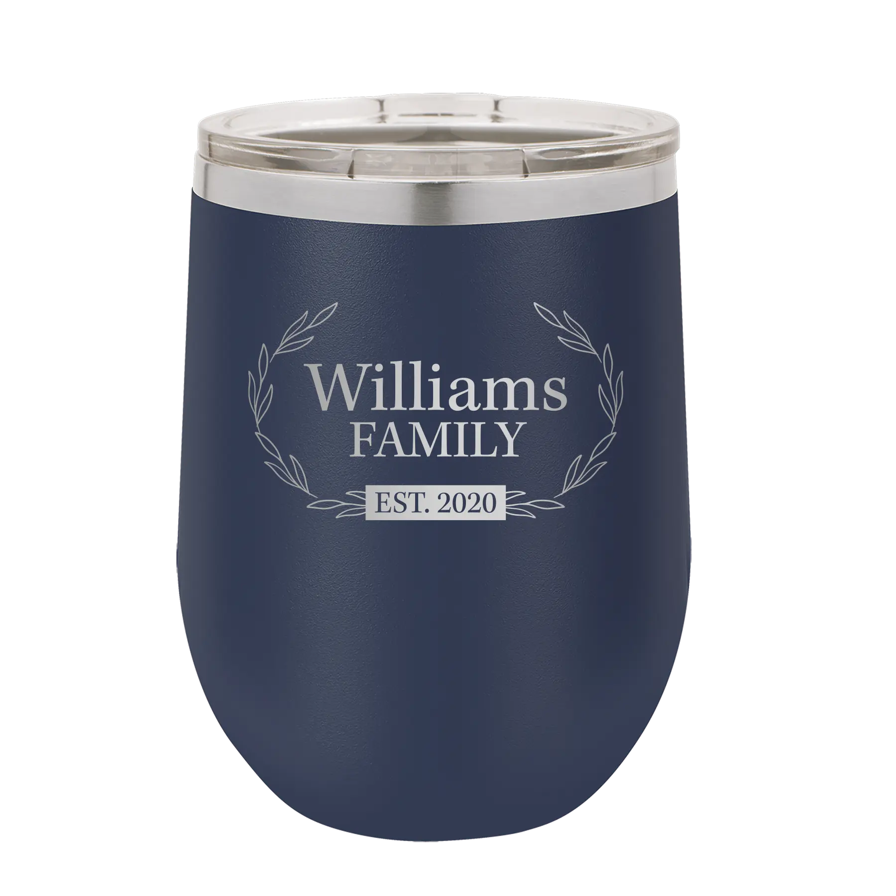 Personalized navy 12 oz vacuum insulated wine cup with 'Family est' design