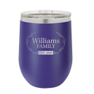 Personalized purple 12 oz vacuum insulated wine cup with 'Family est' design