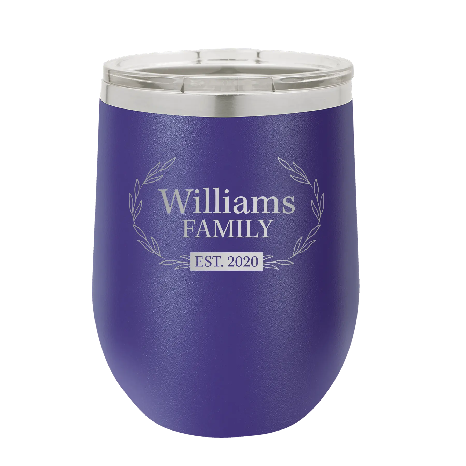 Personalized purple 12 oz vacuum insulated wine cup with 'Family est' design