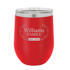 Personalized red 12 oz vacuum insulated wine cup with 'Family est' design