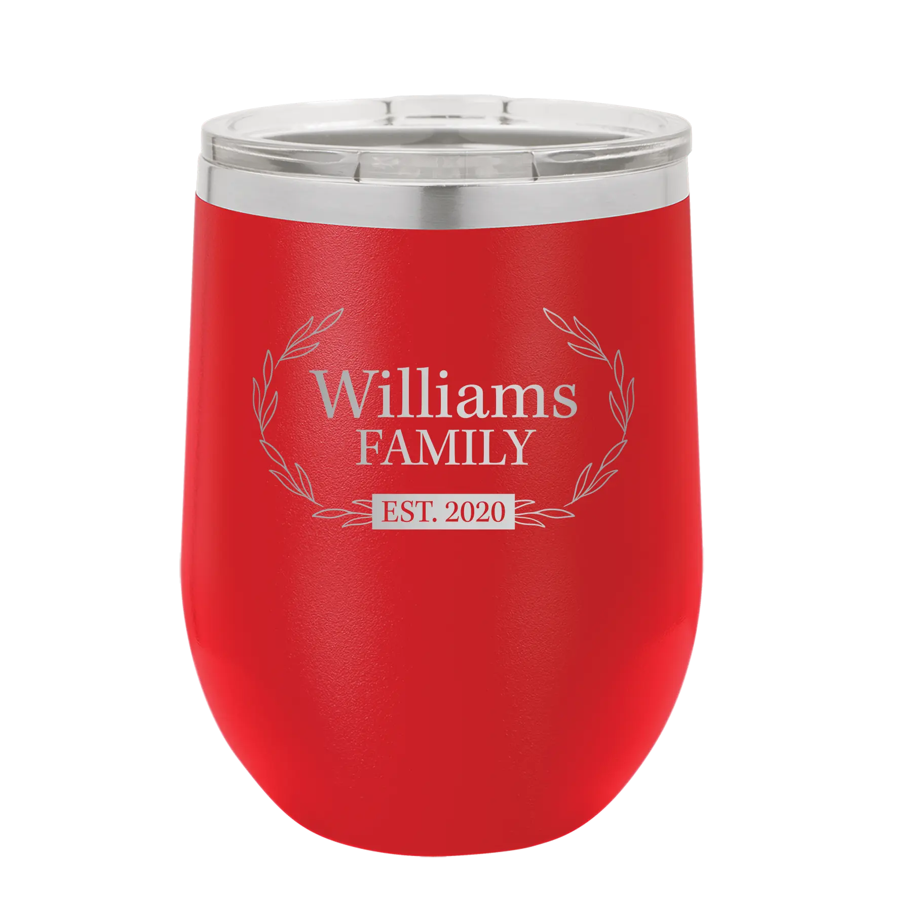 Personalized red 12 oz vacuum insulated wine cup with 'Family est' design