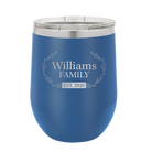 Personalized royal blue 12 oz vacuum insulated wine cup with 'Family est' design
