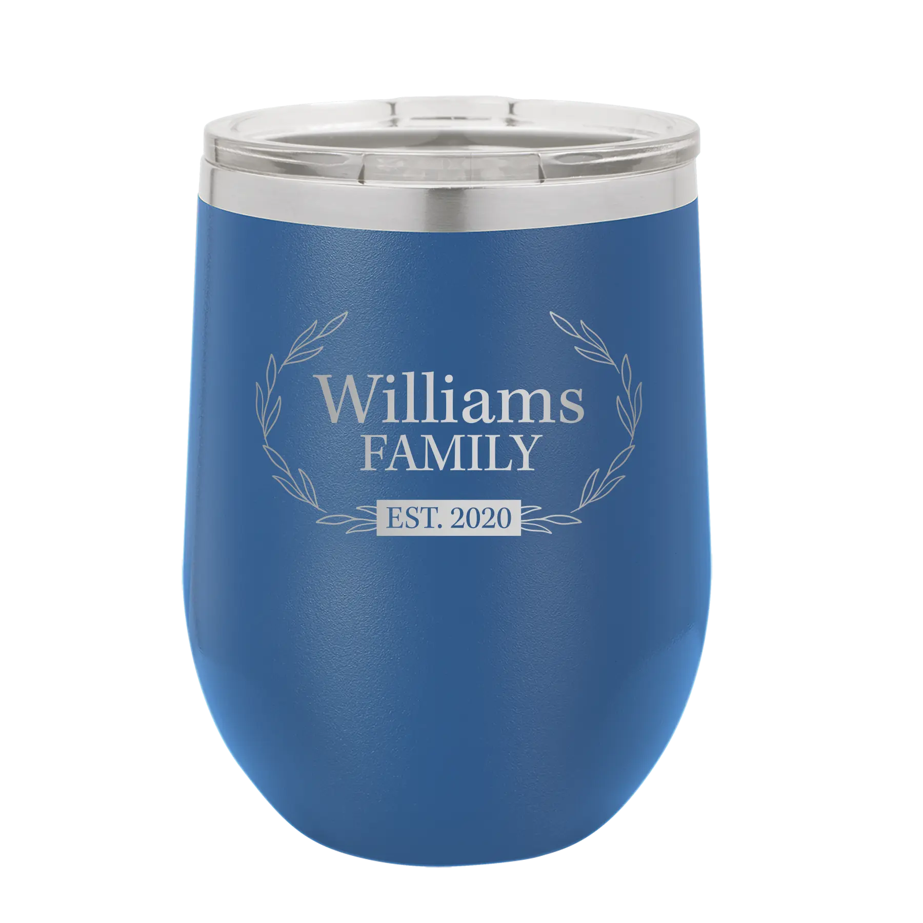 Personalized royal blue 12 oz vacuum insulated wine cup with 'Family est' design