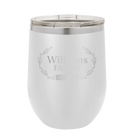 Personalized white 12 oz vacuum insulated wine cup with 'Family est' design