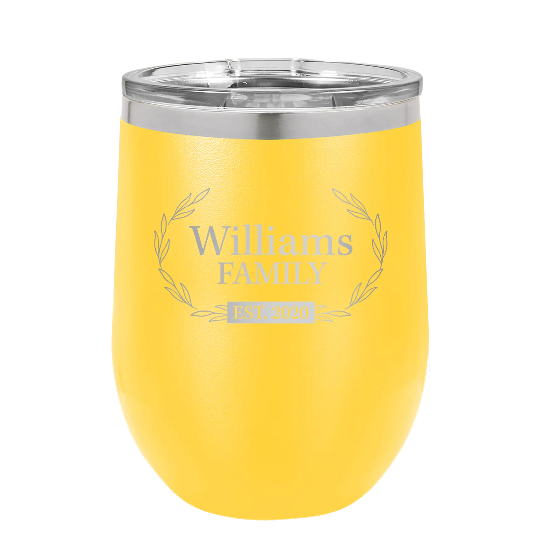 Personalized yellow 12 oz vacuum insulated wine cup with 'Family est' design