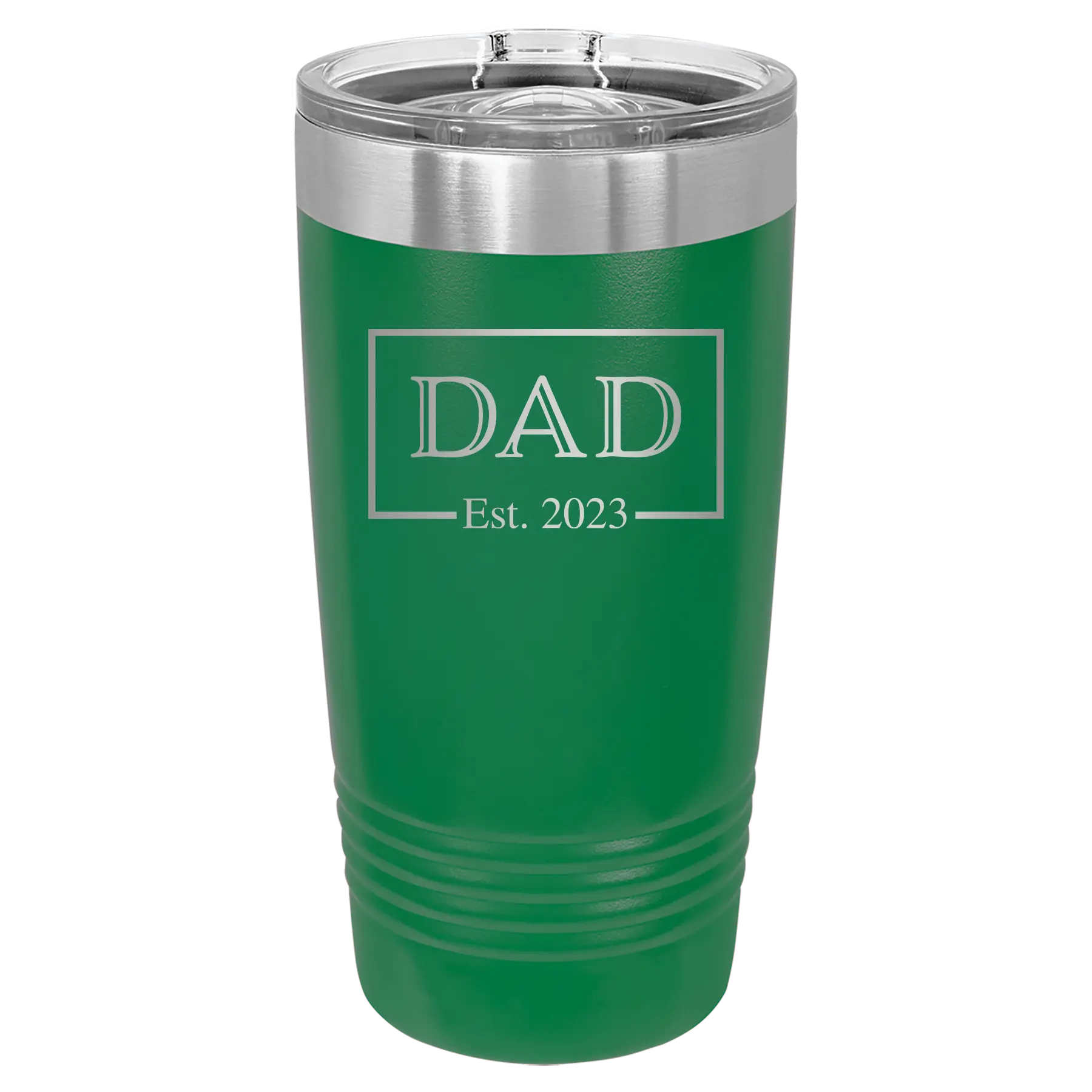 Personalized green 20 oz vacuum insulated tumbler with 'Dad Est2' design
