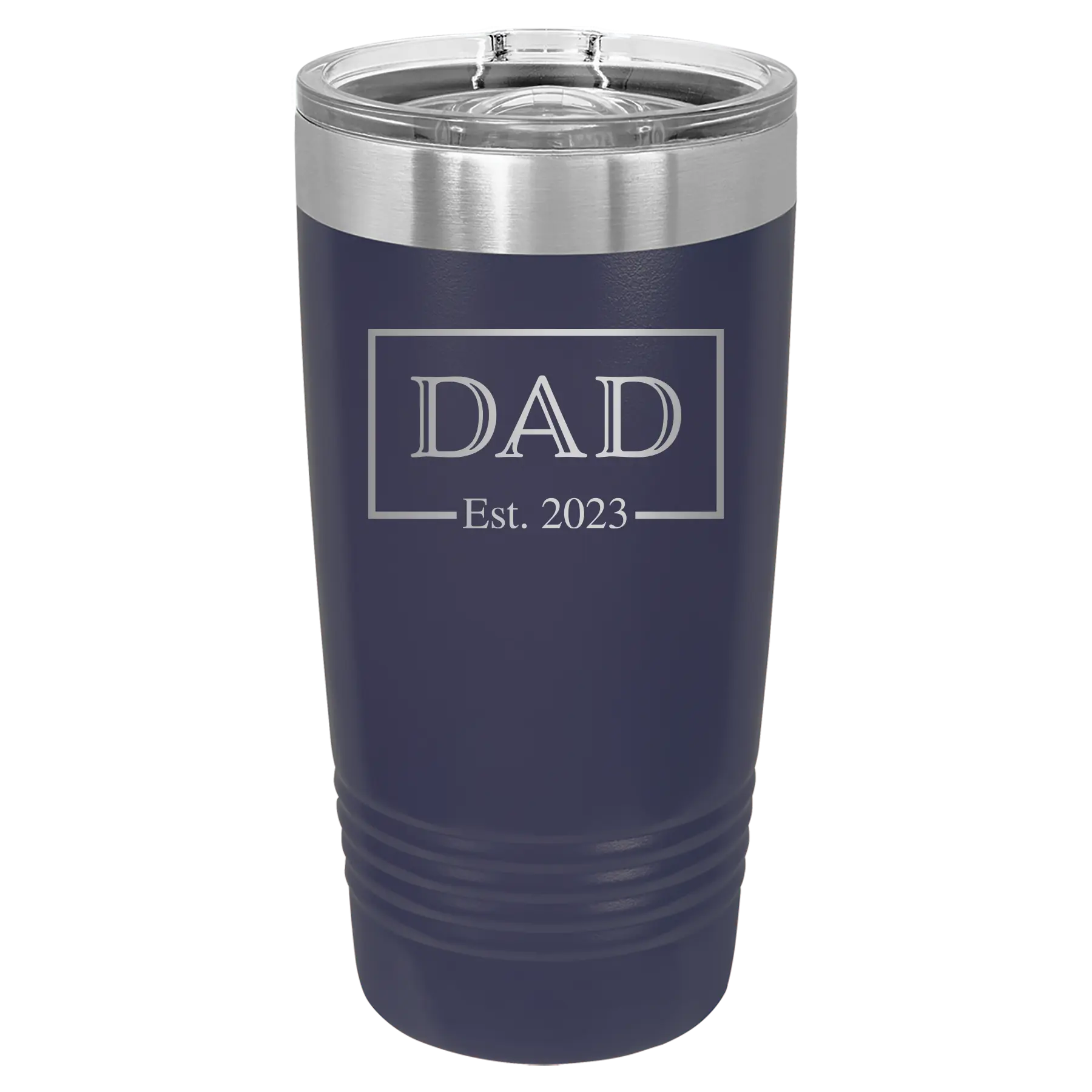 Personalized navy 20 oz vacuum insulated tumbler with 'Dad Est2' design