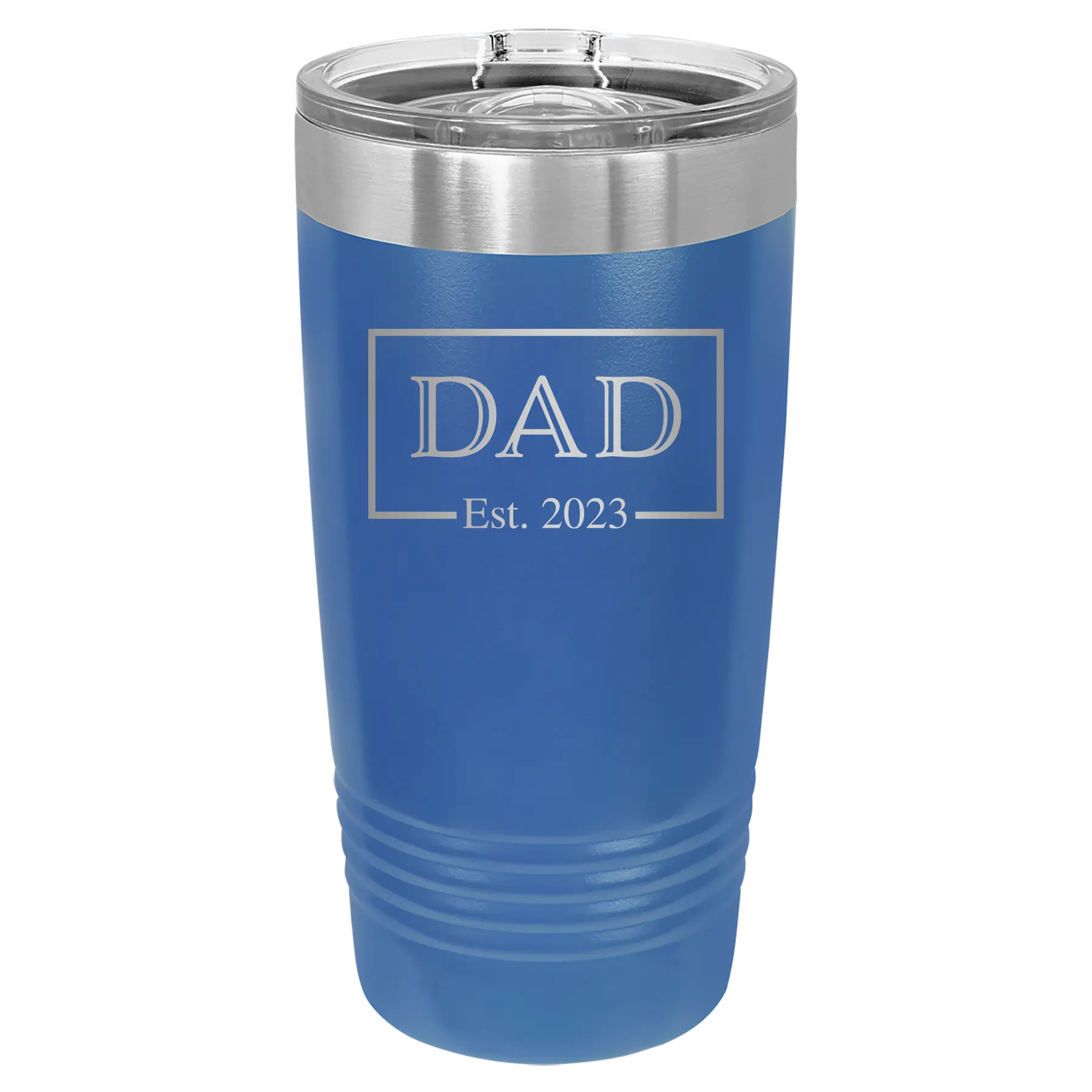 Personalized royal blue 20 oz vacuum insulated tumbler with 'Dad Est2' design