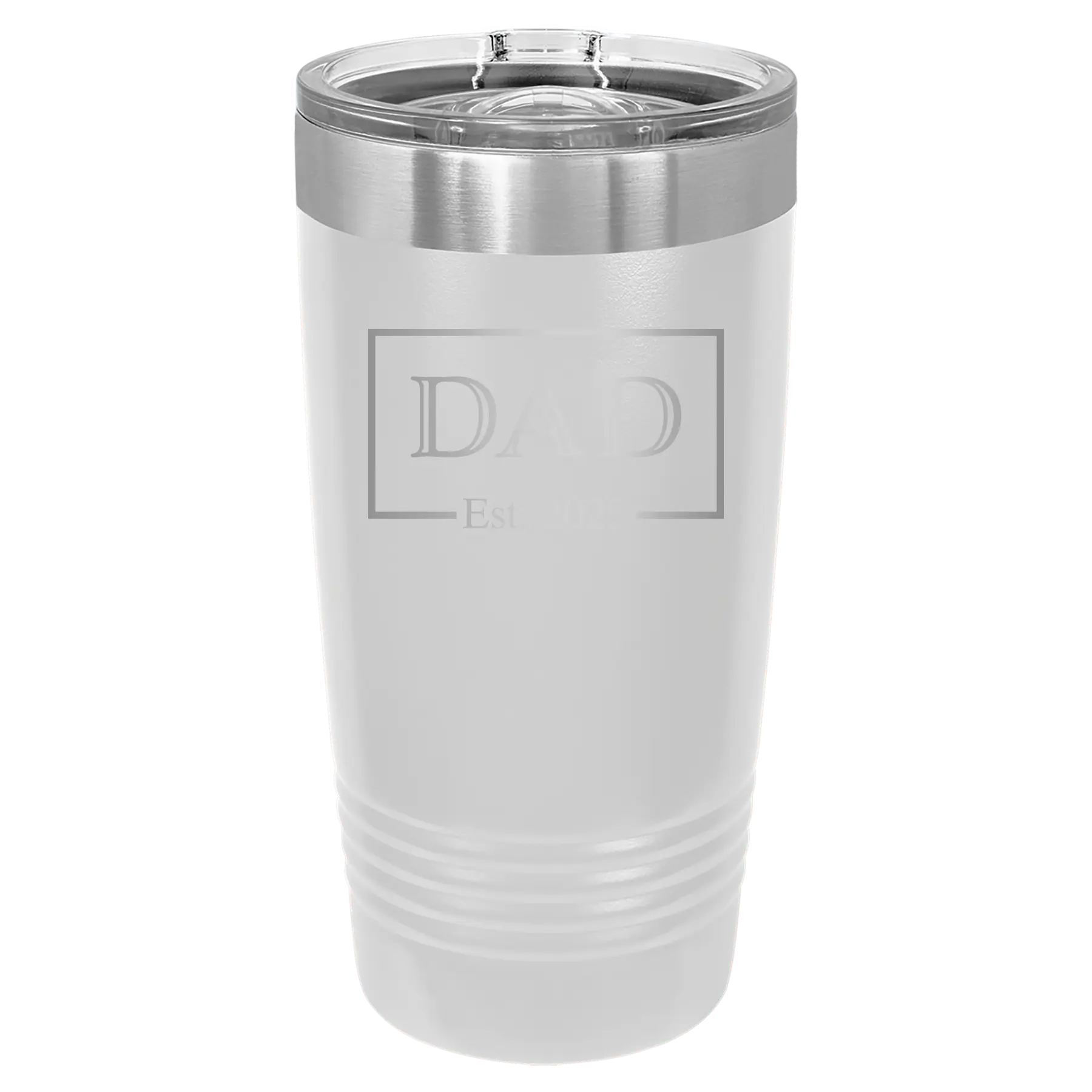 Personalized white 20 oz vacuum insulated tumbler with 'Dad Est2' design