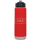 Personalized red 20 oz vacuum insulated water bottle with 'Dad Est2' design