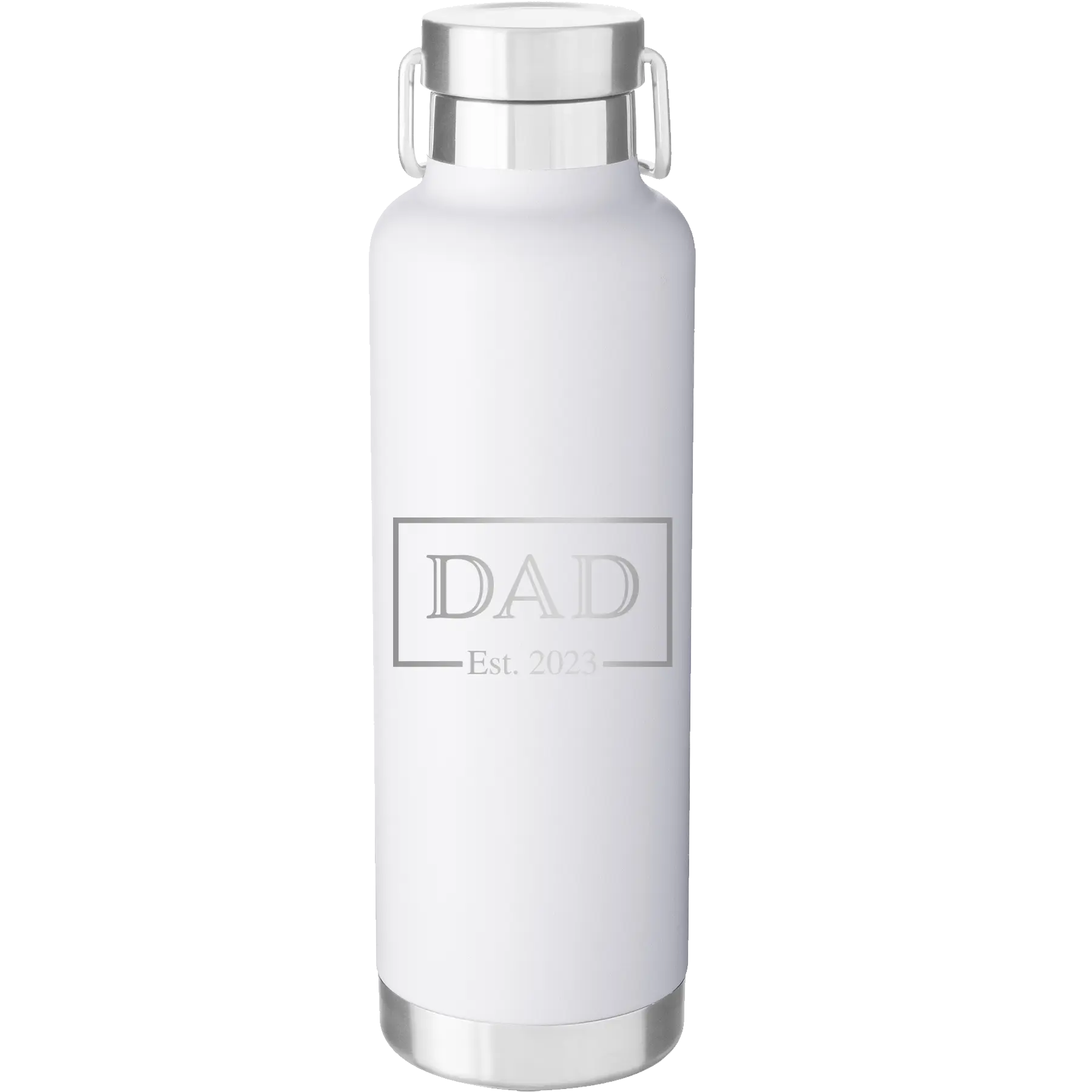 Personalized white 24 oz vacuum insulated water bottle with 'Dad Est2' design