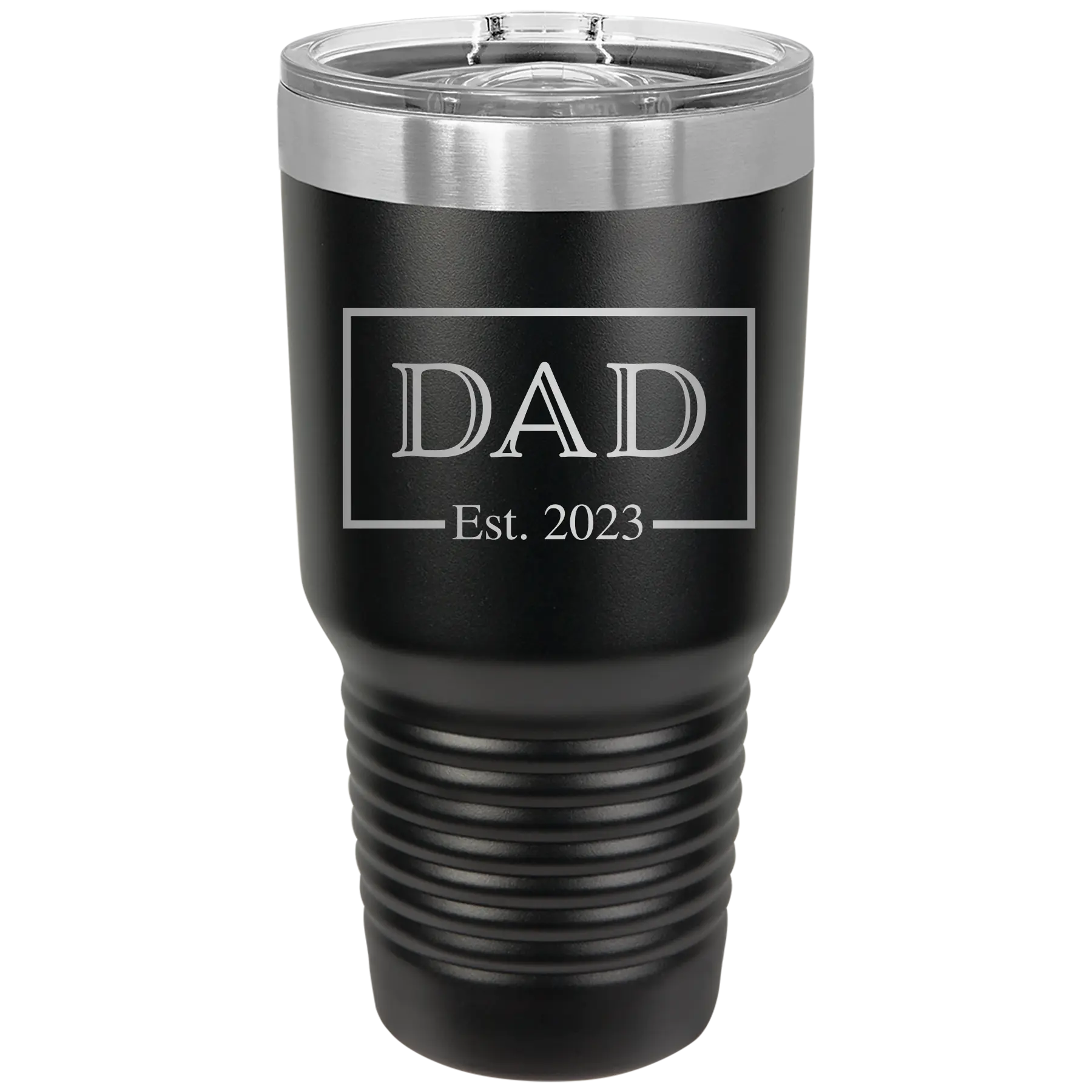 Personalized black 30 oz vacuum insulated tumbler with 'Dad Est2' design