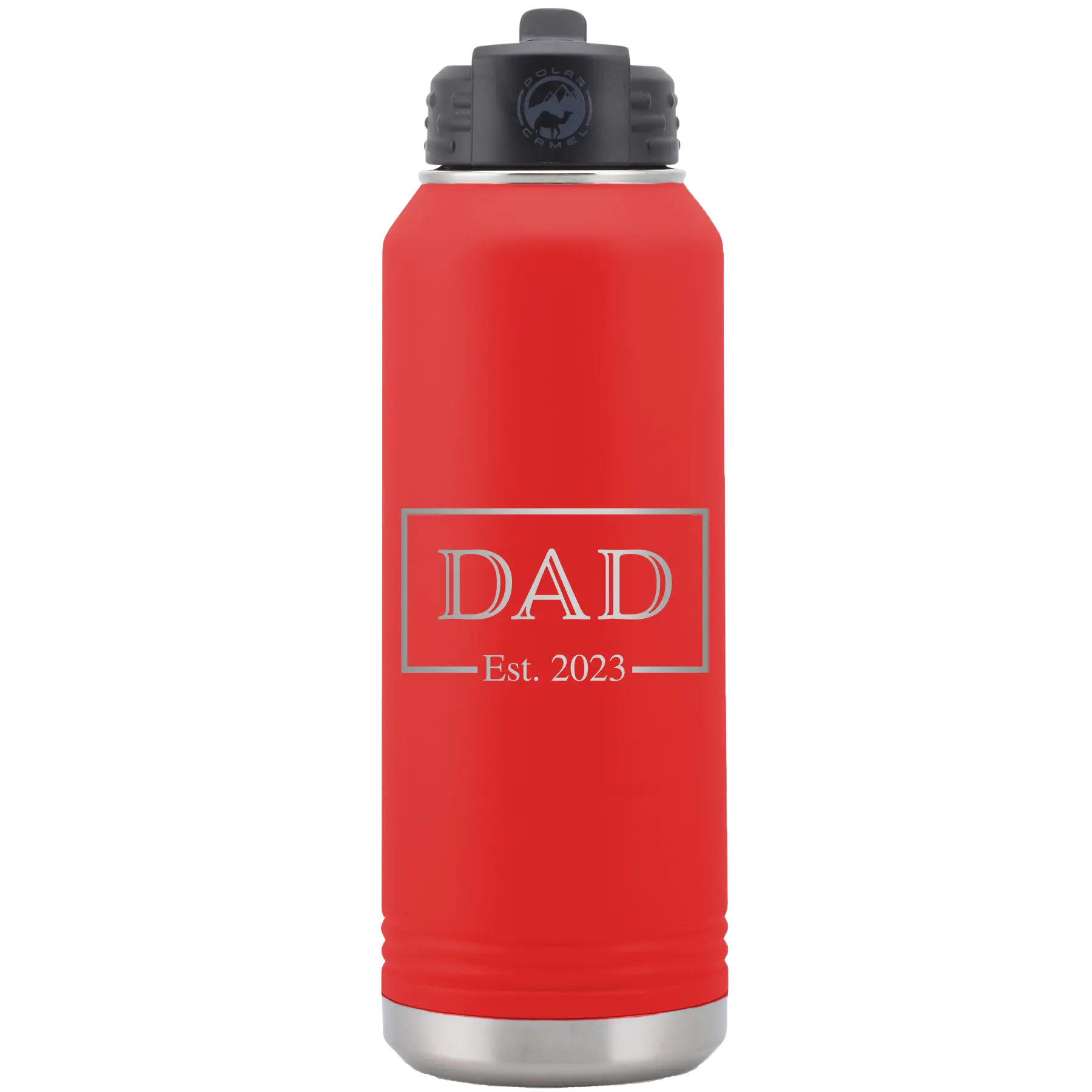 Personalized red 32 oz vacuum insulated water bottle with 'Dad Est2' design