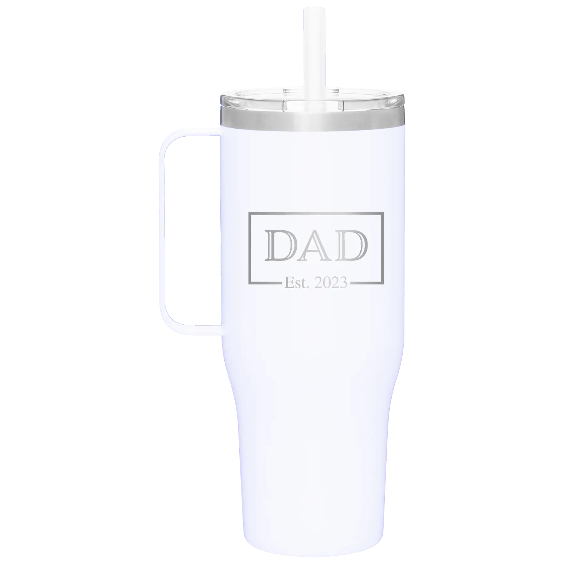 Personalized white 40 oz vacuum insulated tumbler mug with 'Dad Est2' design