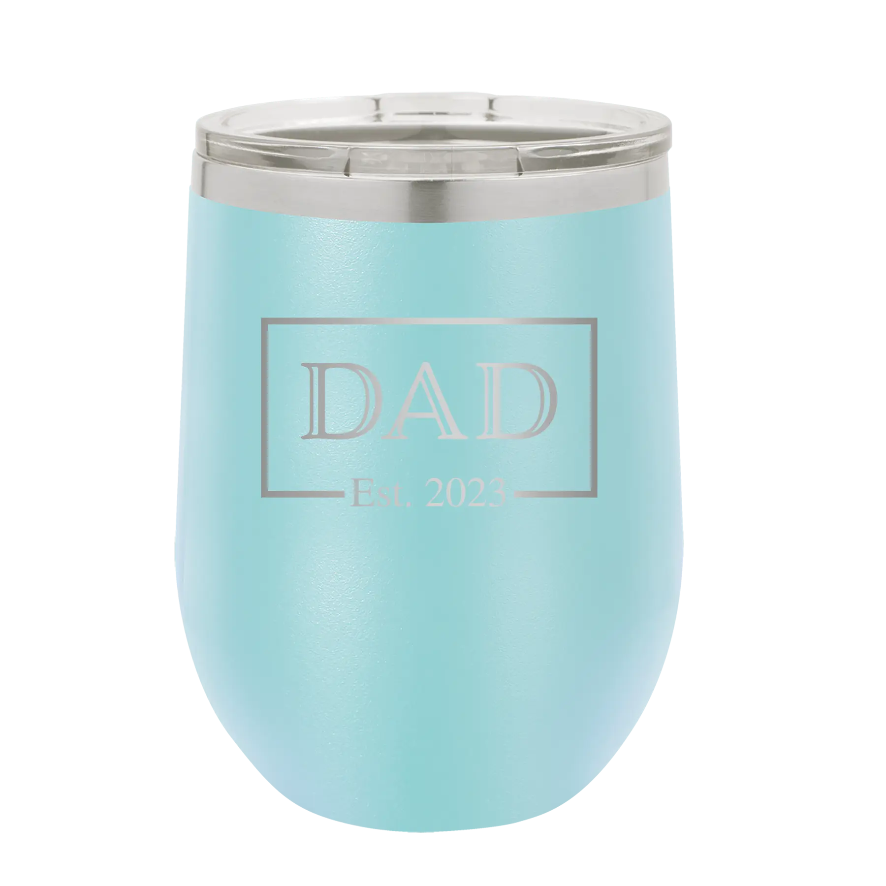 Personalized light blue 12 oz vacuum insulated wine cup with 'Dad Est2' design