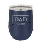 Personalized navy 12 oz vacuum insulated wine cup with 'Dad Est2' design
