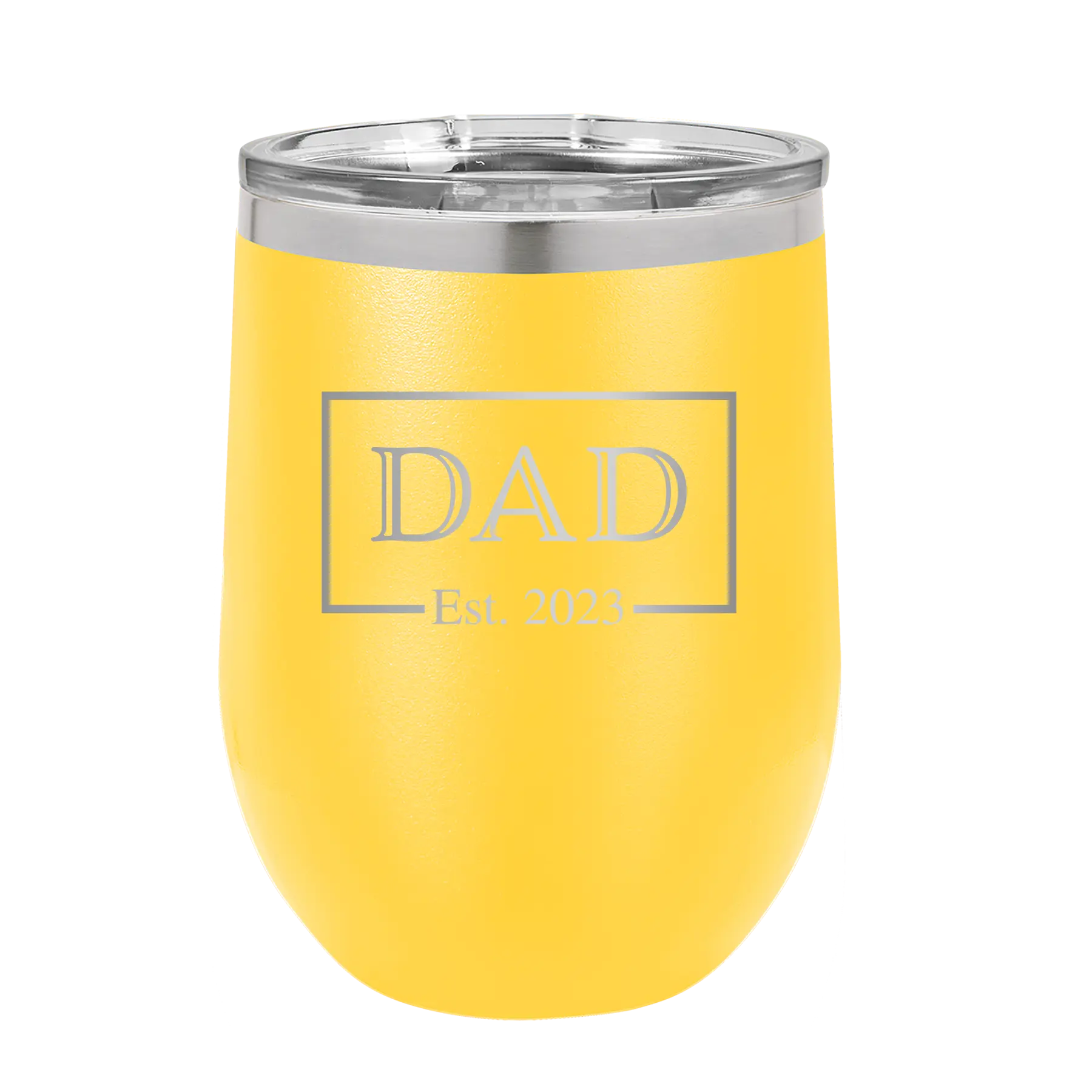 Personalized yellow 12 oz vacuum insulated wine cup with 'Dad Est2' design