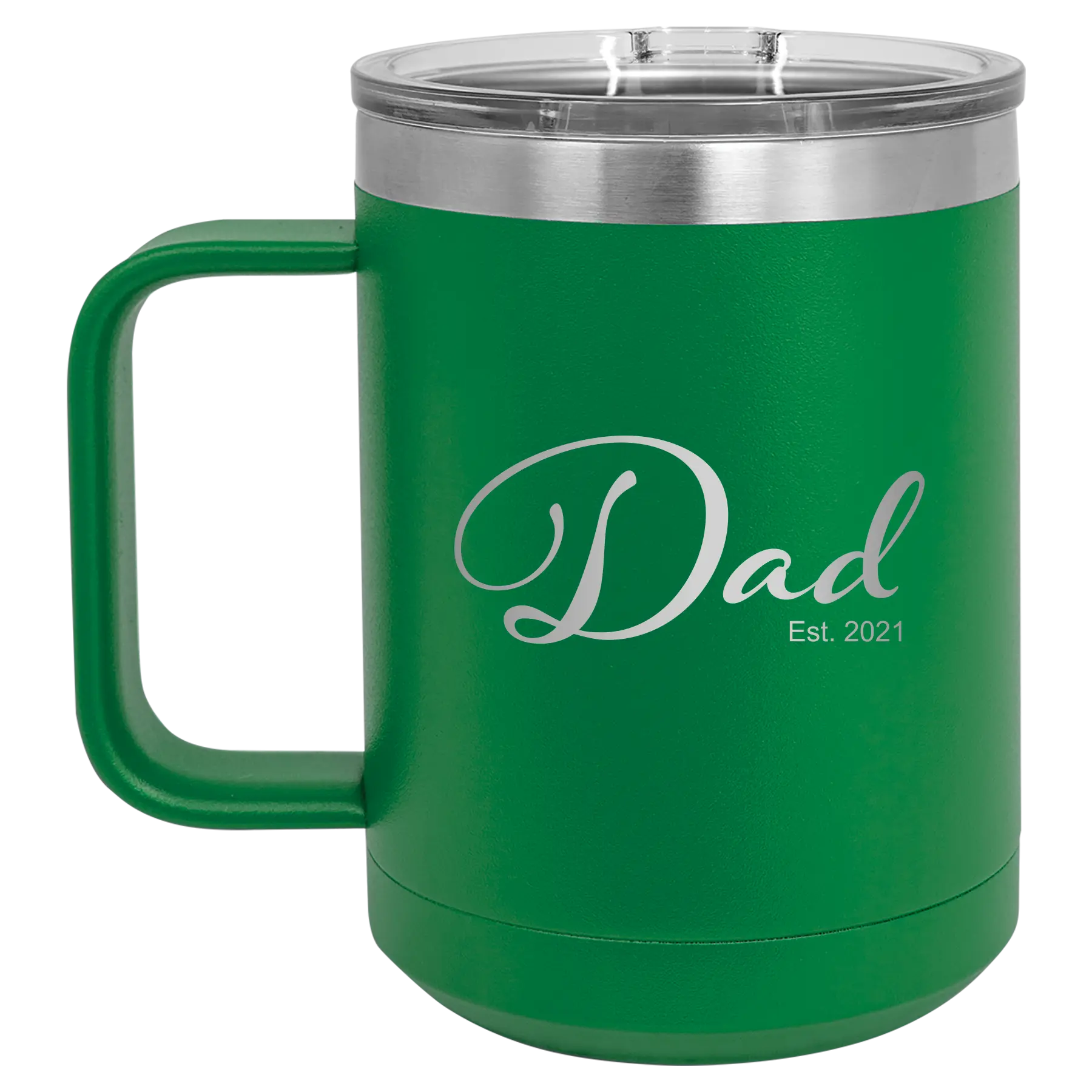 Personalized green 15 oz vacuum insulated coffee mug with 'Dad Est' design