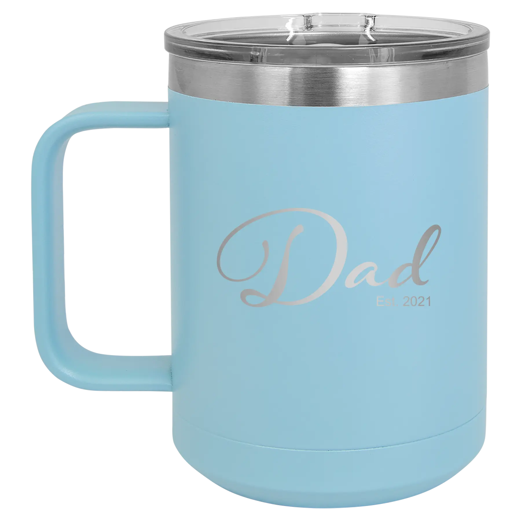 Personalized light blue 15 oz vacuum insulated coffee mug with 'Dad Est' design