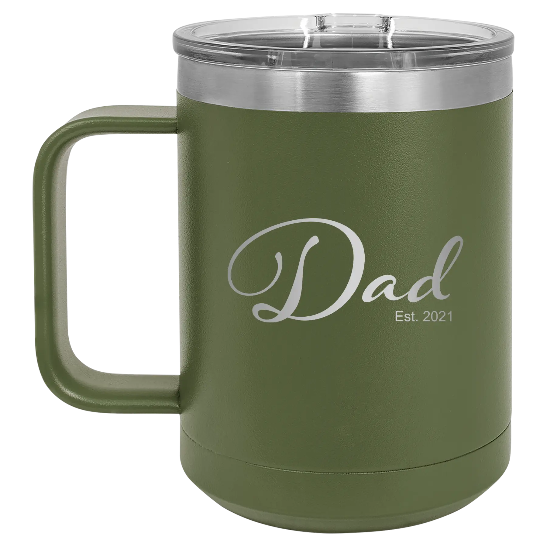 Personalized olive green 15 oz vacuum insulated coffee mug with 'Dad Est' design