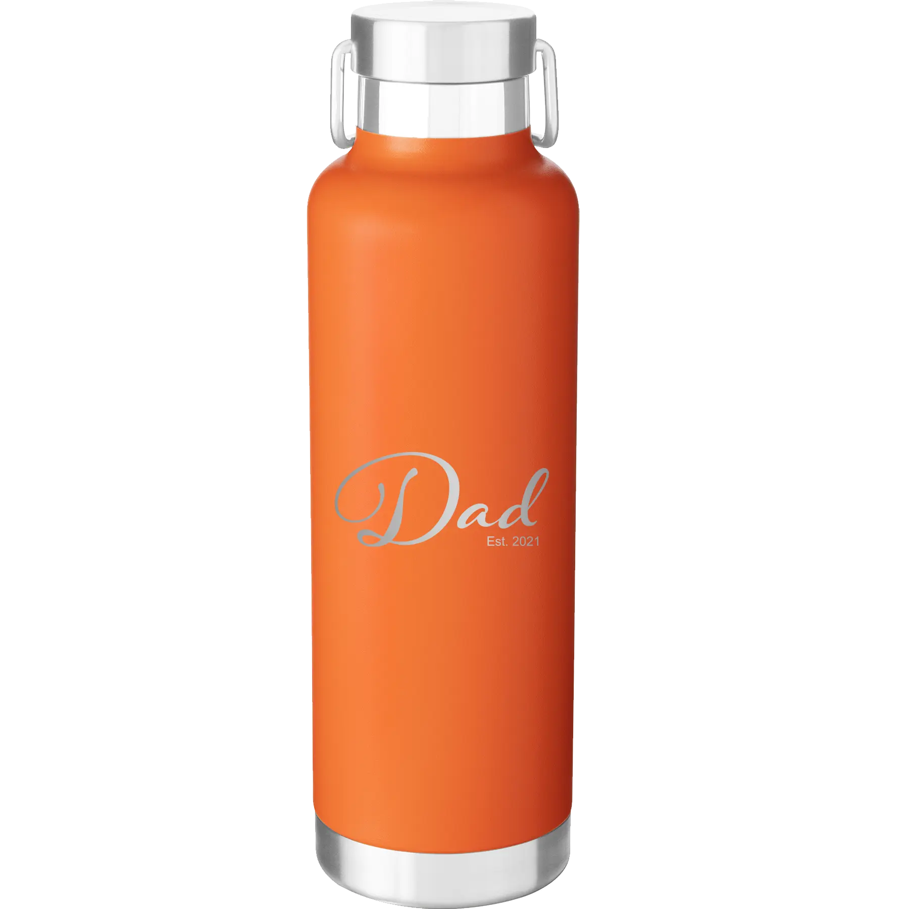 Personalized orange 24 oz vacuum insulated water bottle with 'Dad Est' design