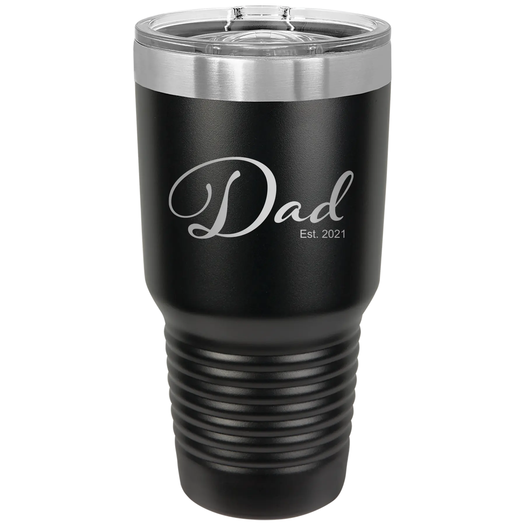 Personalized black 30 oz vacuum insulated tumbler with 'Dad Est' design