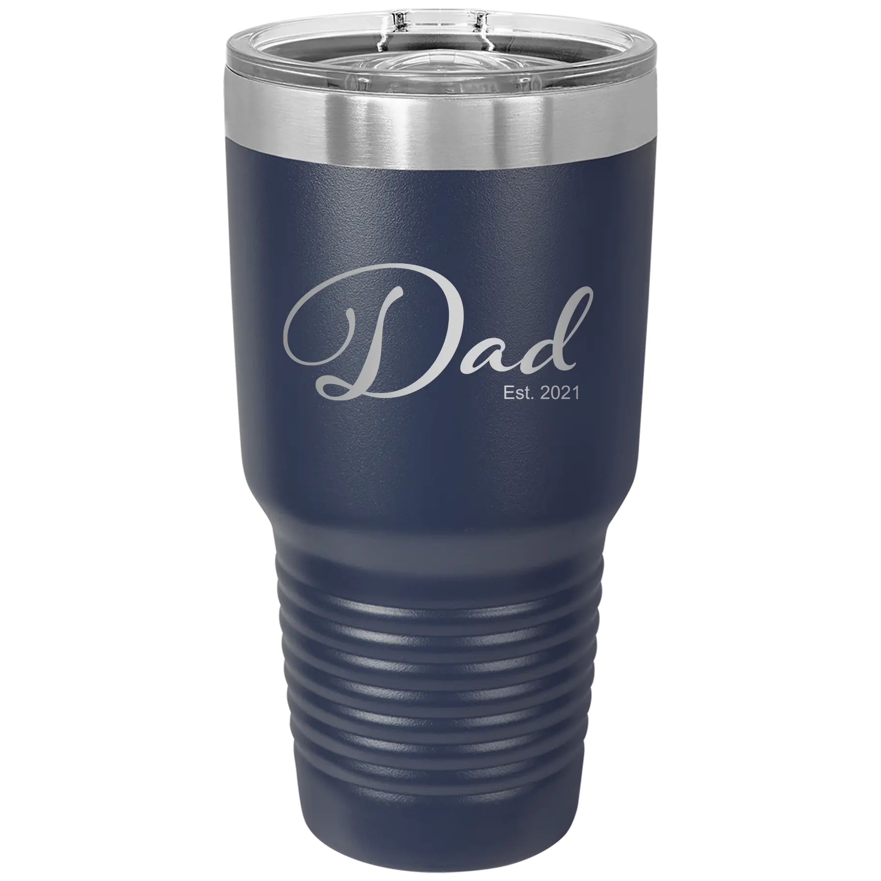 Personalized navy 30 oz vacuum insulated tumbler with 'Dad Est' design