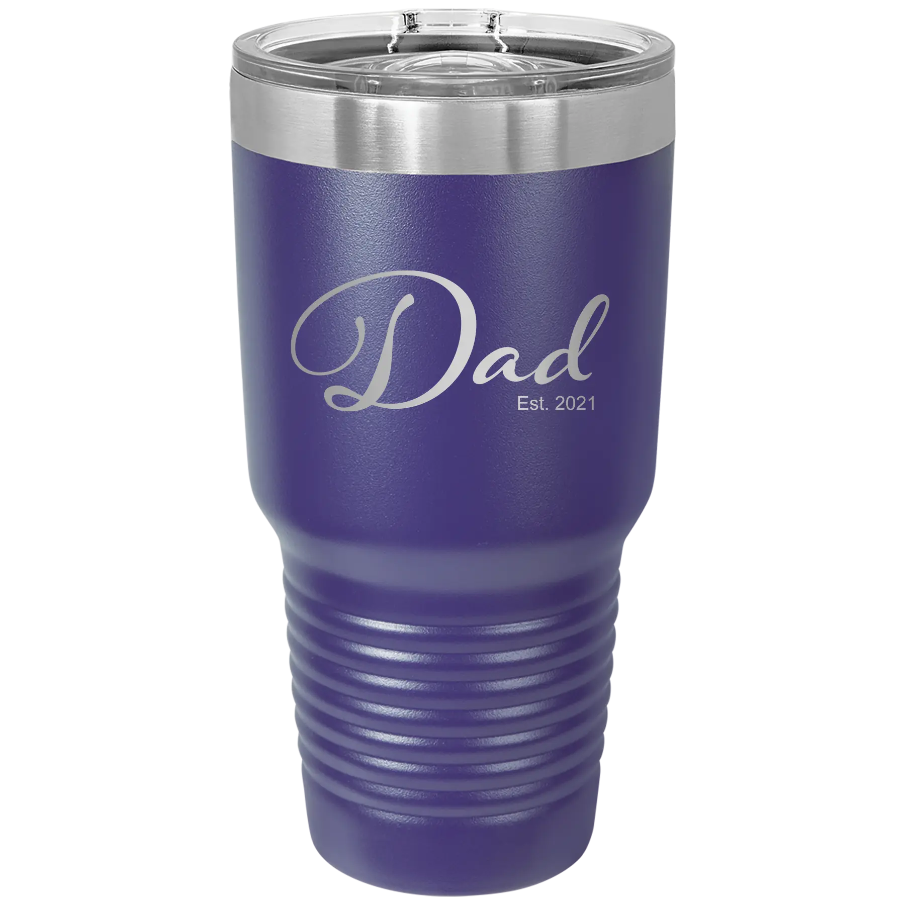 Personalized purple 30 oz vacuum insulated tumbler with 'Dad Est' design