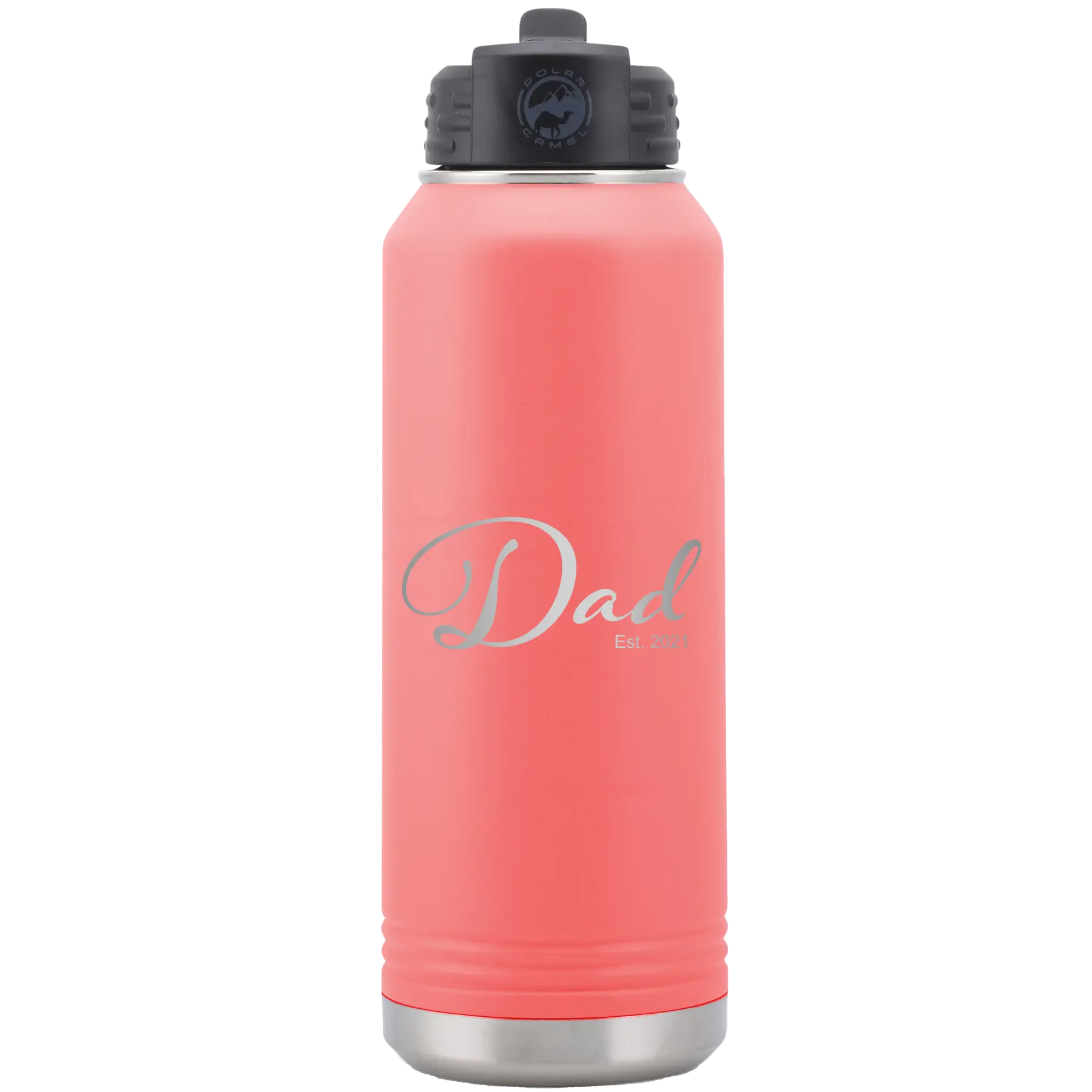 Personalized coral 32 oz vacuum insulated water bottle with 'Dad Est' design