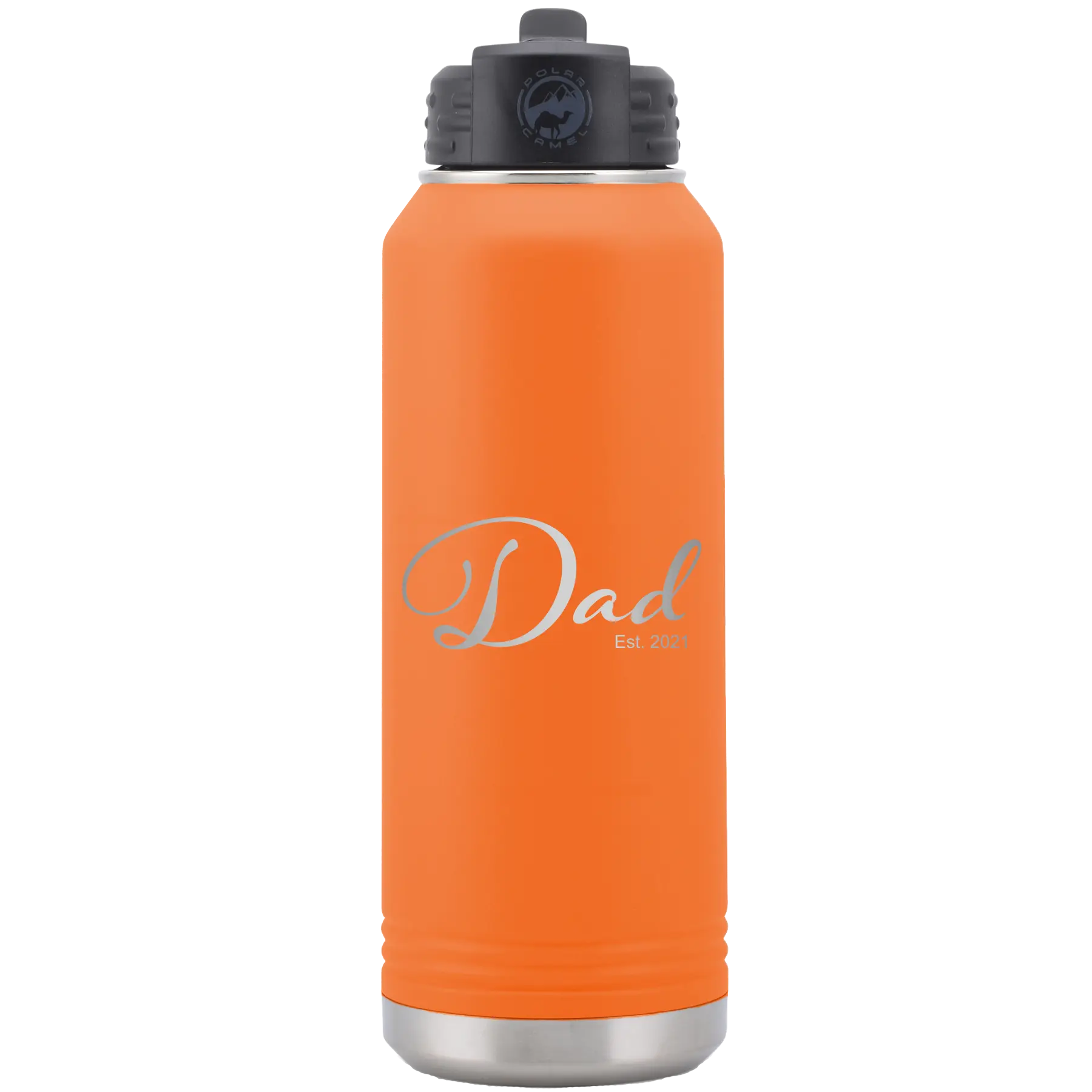 Personalized orange 32 oz vacuum insulated water bottle with 'Dad Est' design