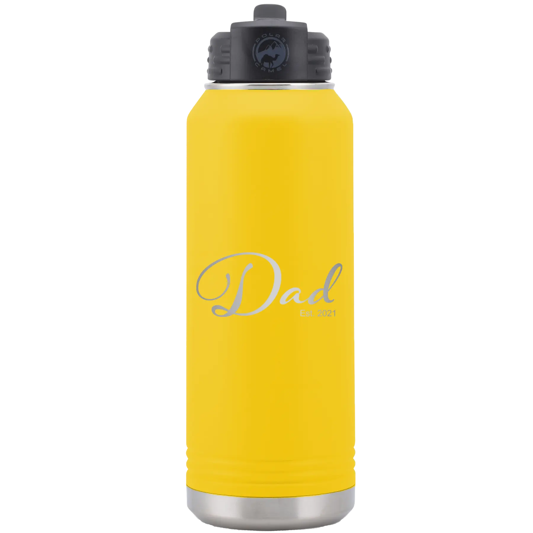 Personalized yellow 32 oz vacuum insulated water bottle with 'Dad Est' design
