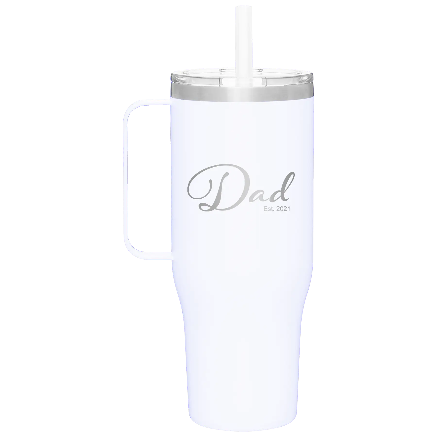Personalized white 40 oz vacuum insulated tumbler mug with 'Dad Est' design