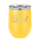Personalized yellow 12 oz vacuum insulated wine cup with 'Dad Est' design