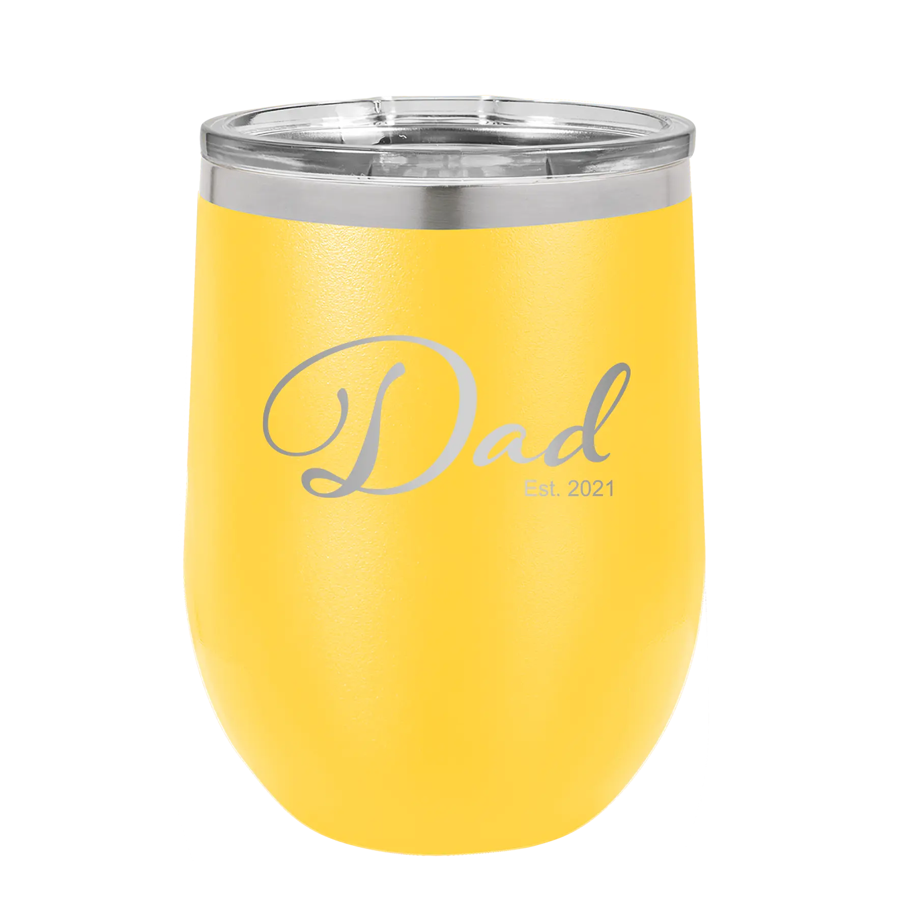 Personalized yellow 12 oz vacuum insulated wine cup with 'Dad Est' design