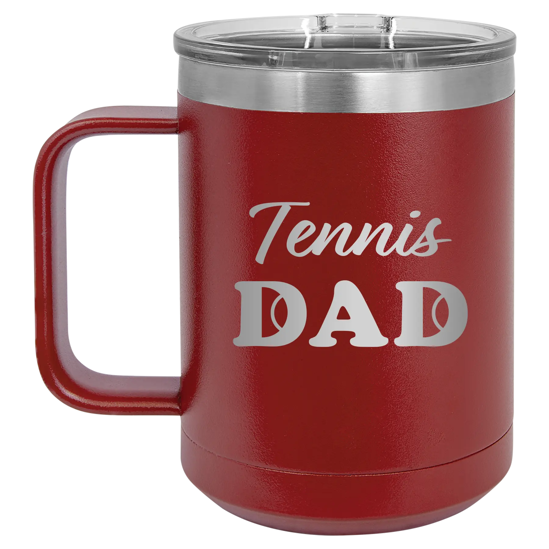 Laser etched maroon 15 oz vacuum insulated coffee mug with 'Tennis Dad2' design