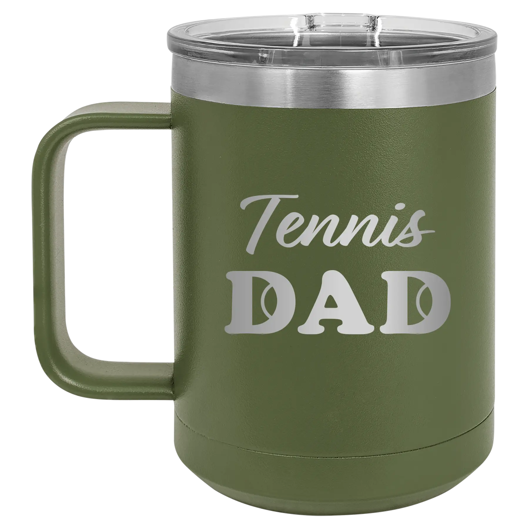 Laser etched olive green 15 oz vacuum insulated coffee mug with 'Tennis Dad2' design