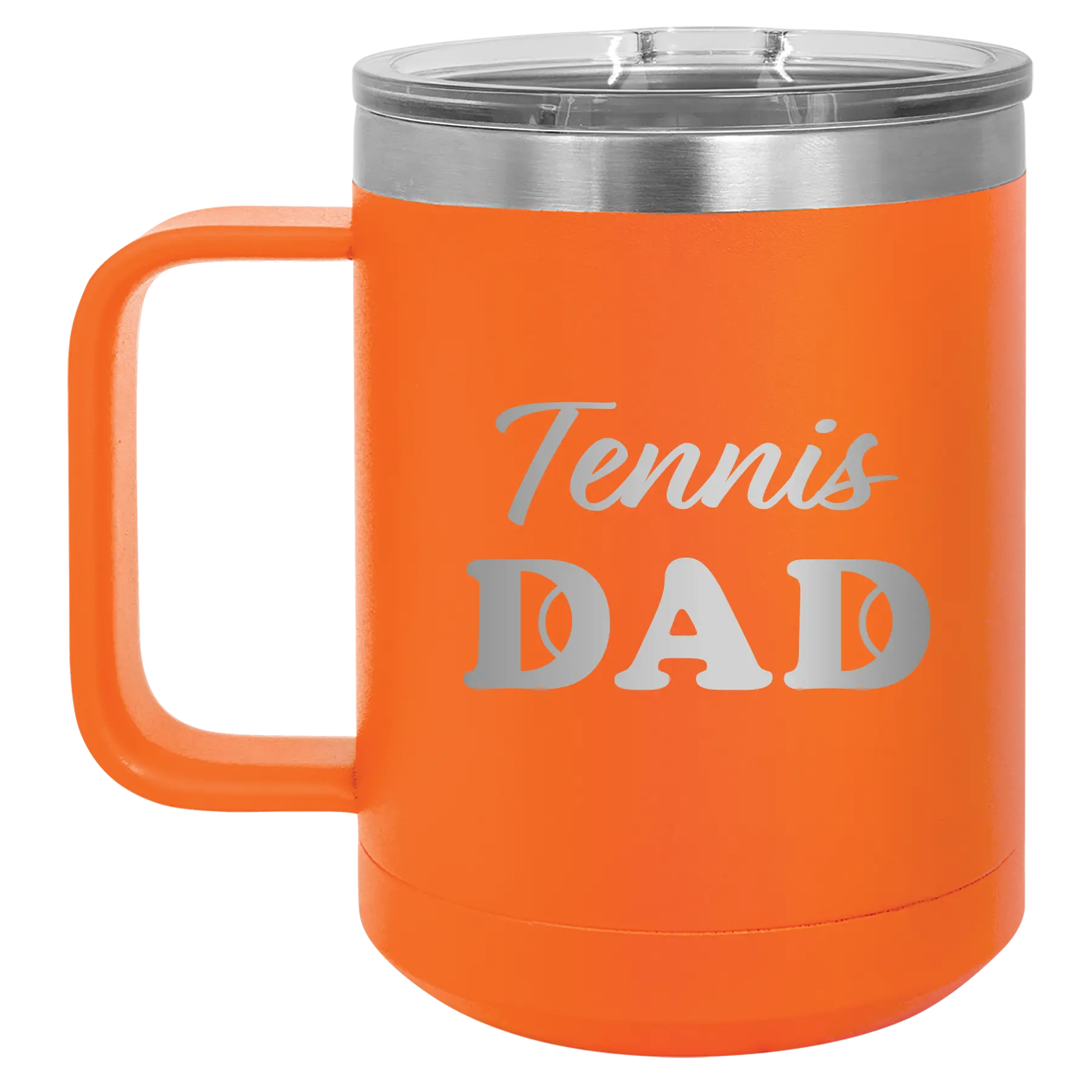 Laser etched orange 15 oz vacuum insulated coffee mug with 'Tennis Dad2' design