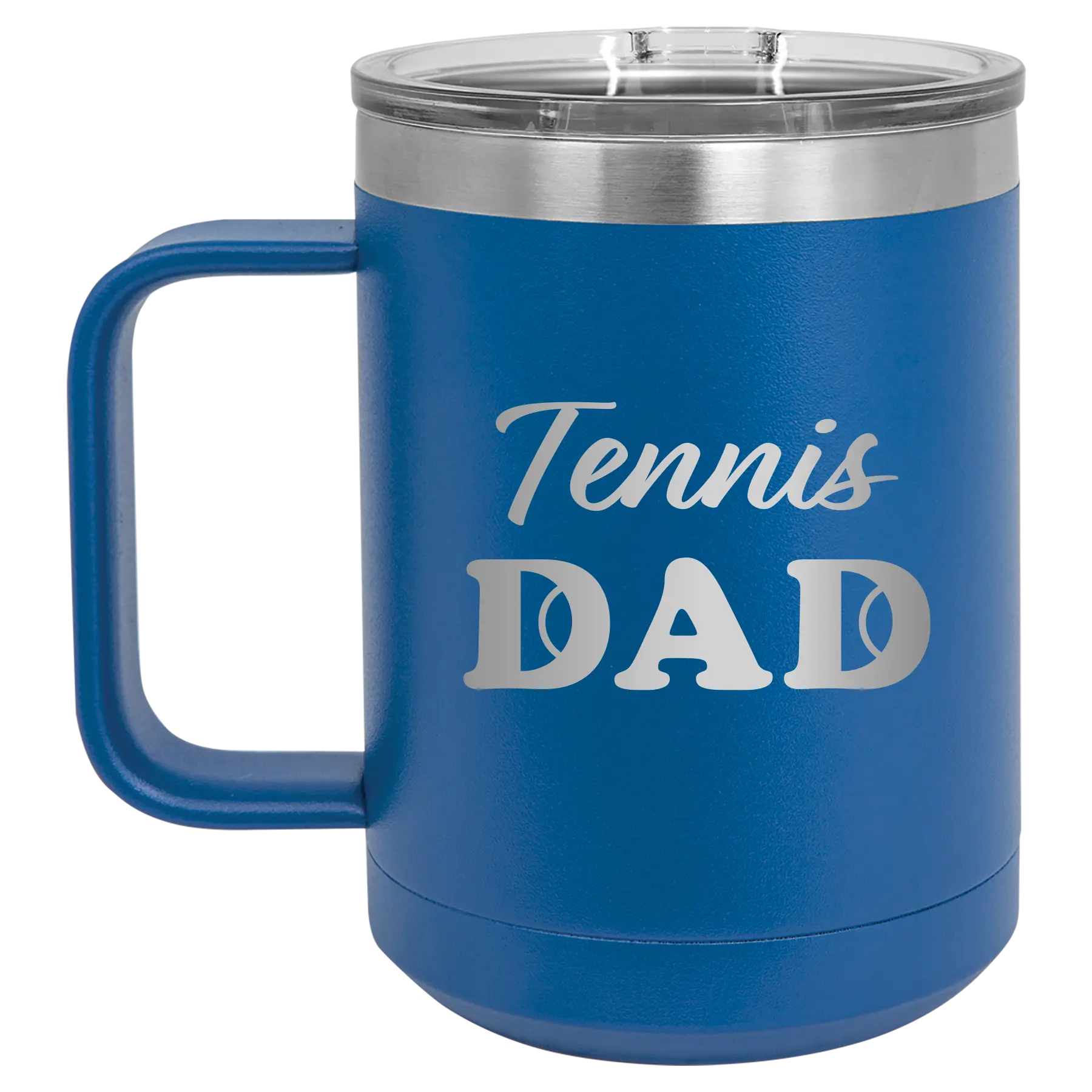 Laser etched royal blue 15 oz vacuum insulated coffee mug with 'Tennis Dad2' design