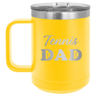 Laser etched yellow 15 oz vacuum insulated coffee mug with 'Tennis Dad2' design
