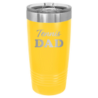 Laser etched yellow 20 oz vacuum insulated tumbler with 'Tennis Dad2' design