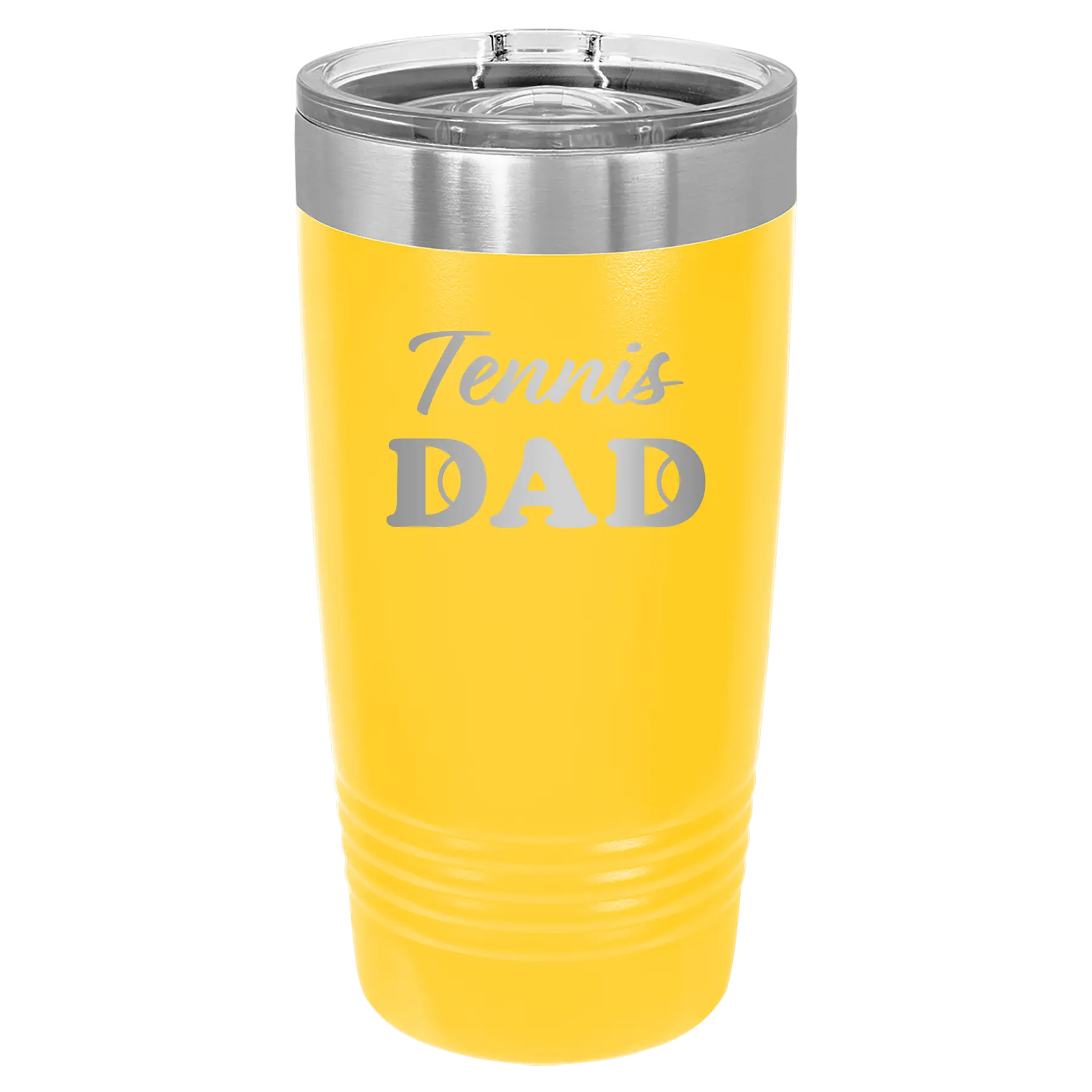 Laser etched yellow 20 oz vacuum insulated tumbler with 'Tennis Dad2' design