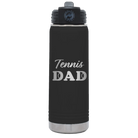 Laser etched black 20 oz vacuum insulated water bottle with 'Tennis Dad2' design