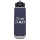 Laser etched navy 20 oz vacuum insulated water bottle with 'Tennis Dad2' design