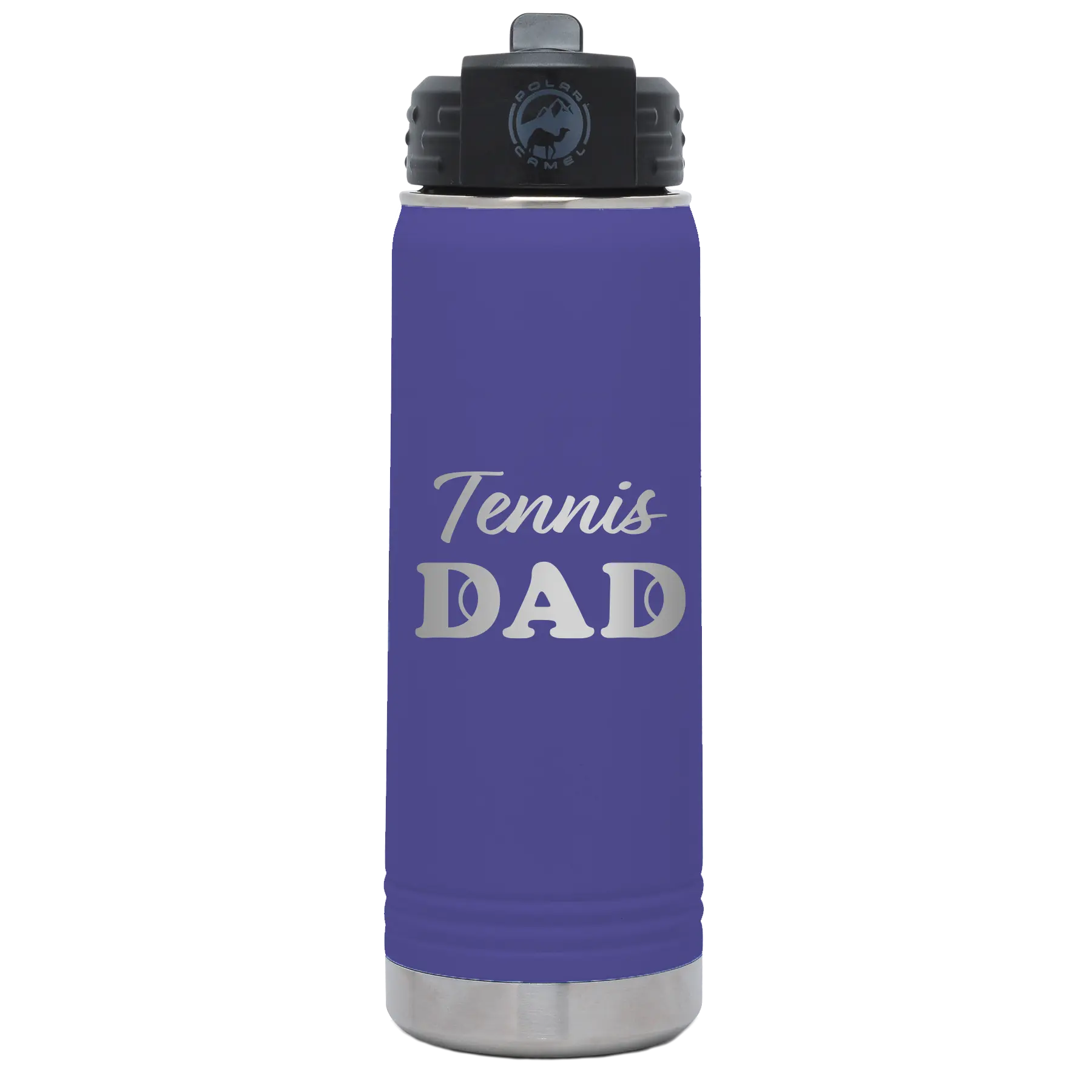 Laser etched purple 20 oz vacuum insulated water bottle with 'Tennis Dad2' design
