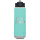 Laser etched teal 20 oz vacuum insulated water bottle with 'Tennis Dad2' design
