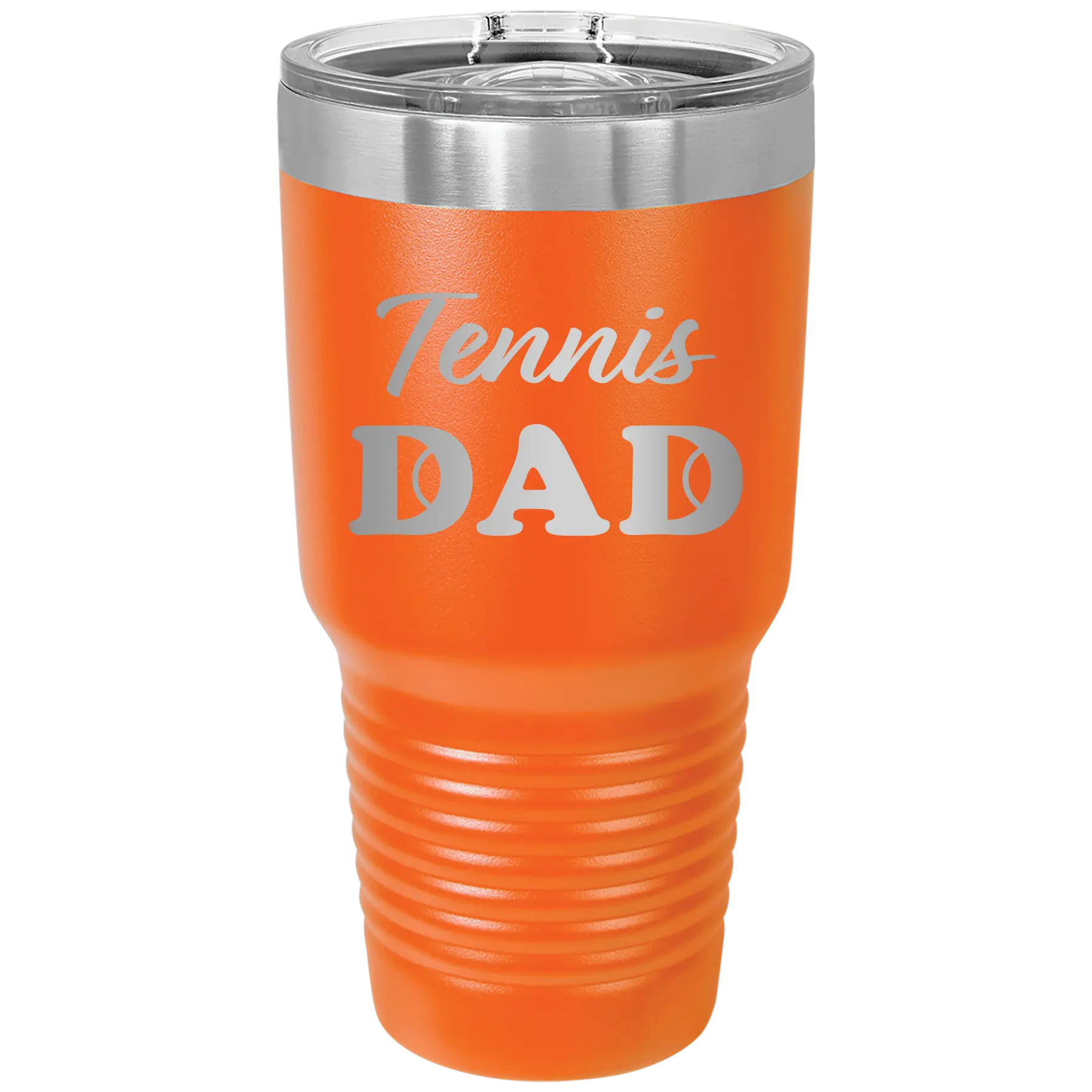 Laser etched orange 30 oz vacuum insulated tumbler with 'Tennis Dad2' design