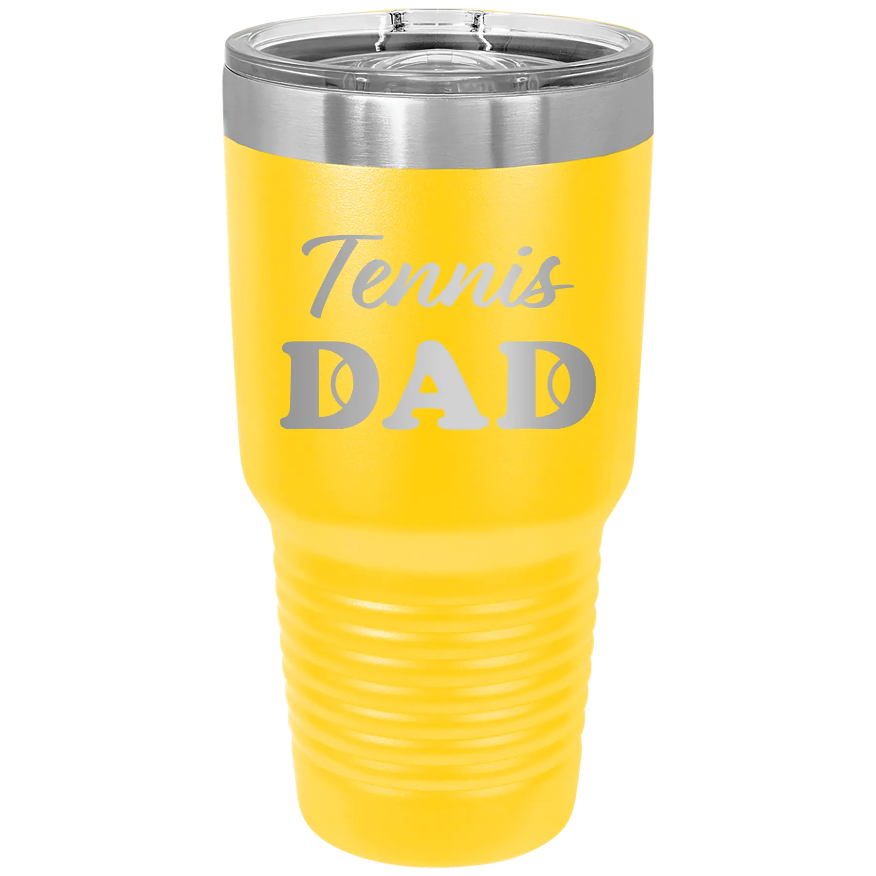 Laser etched yellow 30 oz vacuum insulated tumbler with 'Tennis Dad2' design